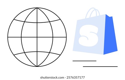 Represents a black-outlined sphere on left and a blue shopping bag with white letter S on right Ideal for e-commerce, global trade, online shopping, international business, digital marketing. Simple