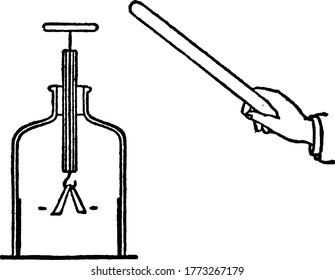 Represents electrostatic induction, in which, the leaves will diverge, ever though the charged ebonite rod that does not approach to within a foot of the electroscope, vintage line drawing.