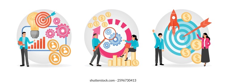 Represents team growth and target achievement. Collaborative teamwork emphasizes insight, process and growth. Business team celebrating financial growth. Set flat vector modern illustration 