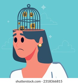 Repressed dreams and unrealized operations, vector illustration of a cage that imprisons feelings. vector illustration