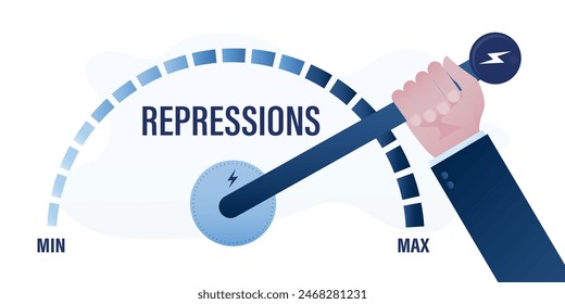 Repression, concept. Hand pulls big lever on measuring scale. Strengthening repression and prohibitions. Totalitarian state, high level of restrictions, lack of democracy. Flat vector illustration