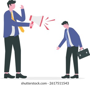 Reproach with businessmen. manager screaming in megaphone on man colleague

