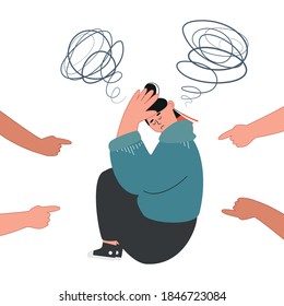 Reproaching and pressure on teenager, bullying concept. Depressed teenage girl. Bullying and depression at school. Vector illustration of unhappy teenager