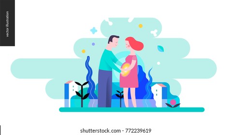 Reproduction - a couple expecting baby on a green landscape background