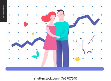 Reproduction - a couple planning a baby, on the white background, plot and medicine elements