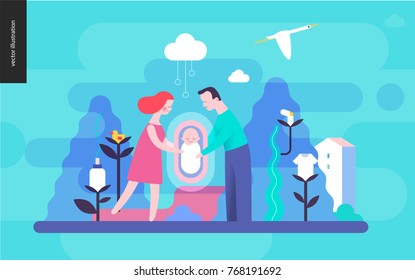 Reproduction - a familly with a baby among trees and plants with infant elements, on a blue-green background