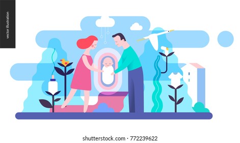 Reproduction - a family with a baby among trees and plants with infant elements, without background