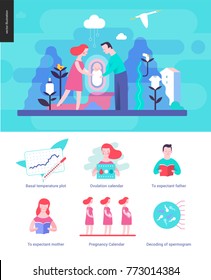 Reproduction - interface template wit a vector illustration and a set of illustrated icons