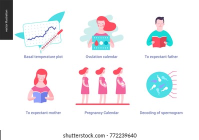 Reproduction - set of illustrated icons on pregnancy and fertility