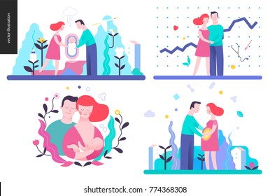 Reproduction - set of vector illustrations on conception, pregnancy, childbirth and breast feeding