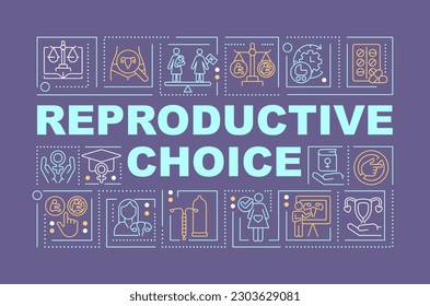 Reproductive choice word concepts dark purple banner. Women empowerment. Infographics with editable icons on color background. Isolated typography. Vector illustration with text. Arial-Black font used