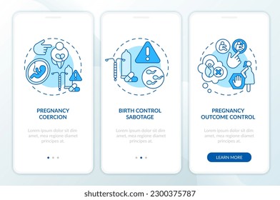 Reproduktiver Zwang blauer Onboarding Mobile App-Bildschirm. Durchgang der Geburtskontrolle in 3 Schritten bearbeitbare grafische Anleitungen mit linearen Konzepten. Benutzeroberfläche, UX-Vorlage. Myriad Pro-kühne, Standardschriftarten verwendet