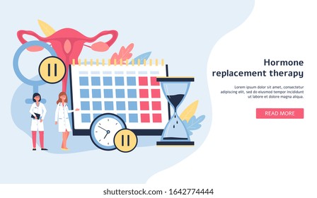 Reproductive female functions and fertility banner with woman and doctors cartoon characters, flat vector illustration. Landing page template for healthcare clinic.