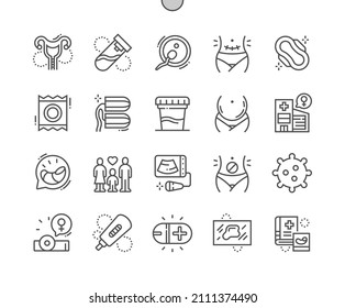 Reproductive health. Analysis of urine. Caesarean operation. Pregnancy test positive. Female hygiene. Pixel Perfect Vector Thin Line Icons. Simple Minimal Pictogram