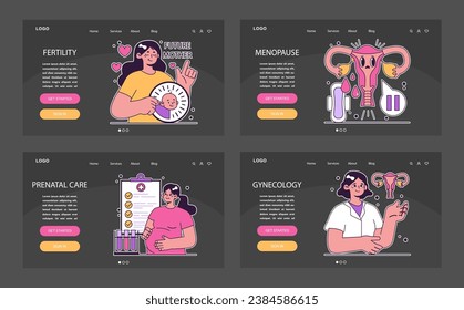 Reproductive health dark or night mode web or landing set. Pregnancy and gynecology disease. Family planning and prenatal care. Female empowerment, abortion and contraception. Flat vector illustration