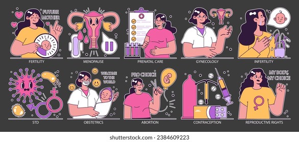 Reproductive health dark or night mode set. Pregnancy monitoring and gynecology disease. Family planning and prenatal care. Female empowerment, abortion and contraception. Flat vector illustration