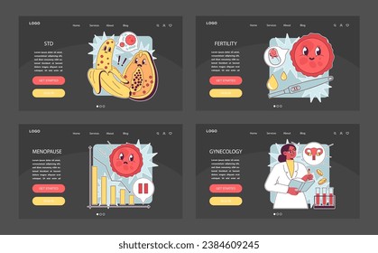 Reproductive health dark or night mode web or landing set. Pregnancy and gynecology disease. Family planning and prenatal care. Female empowerment, abortion and contraception. Flat vector illustration