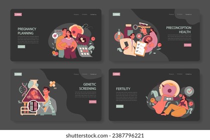 Reproductive Health set. Couples navigate pregnancy planning, explore genetic screening, ensure preconception health, and address fertility issues. Illustrative icons and symbols. Flat vector.