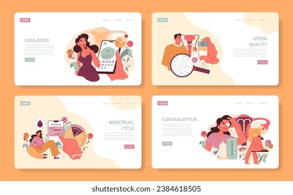 Reproductive Health set. Curious woman tracks ovulation on her phone, a man learns about sperm quality, understanding menstrual cycle, and options for contraception. Insightful educational visuals.