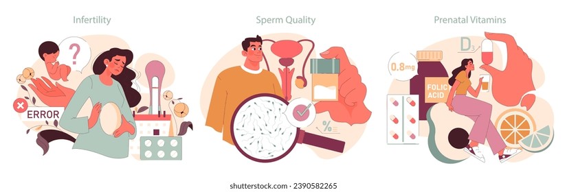 Conjunto de salud reproductiva. Una mujer afligida contempla la infertilidad, un hombre examina la calidad del esperma, una mujer toma vitaminas prenatales. El viaje a la paternidad. Desafíos modernos. vector plano