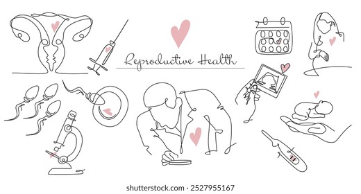 Saúde reprodutiva definida no estilo online. Desenho em linha contínua de ícones Reprodutivos e de gravidez. Tecnologia reprodutiva ou fertilização vitro