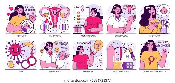 Reproductive health set. Pregnancy monitoring and gynecology disease diagnosis. Family planning and prenatal care. Female empowerment, abortion and contraception. Flat vector illustration