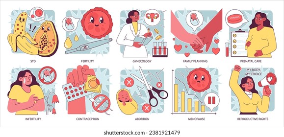 Reproductive health set. Pregnancy monitoring and gynecology disease diagnosis. Family planning and prenatal care. Female empowerment, abortion and contraception. Flat vector illustration