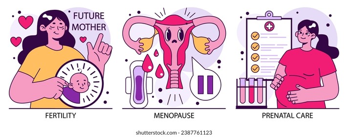 Conjunto de salud reproductiva. Seguimiento del embarazo y diagnóstico de la enfermedad ginecológica. Planificación familiar y atención prenatal. Empoderamiento de las mujeres, aborto y anticoncepción. Ilustración vectorial plana