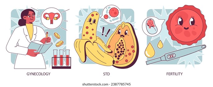 Reproductive health set. Pregnancy monitoring and gynecology disease diagnosis. Family planning and prenatal care. Female empowerment, abortion and contraception. Flat vector illustration