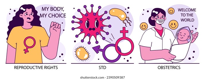 Reproductive health set. Pregnancy monitoring and gynecology disease diagnosis. Family planning and prenatal care. Female empowerment, abortion and contraception. Flat vector illustration