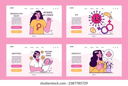 Reproductive health web or landing set. Pregnancy and gynecology disease diagnosis. Family planning and prenatal care. Female empowerment, abortion and contraception. Flat vector illustration