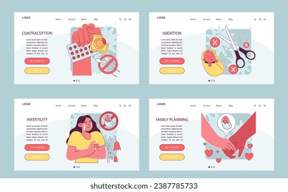 Reproductive health web or landing set. Pregnancy and gynecology disease diagnosis. Family planning and prenatal care. Female empowerment, abortion and contraception. Flat vector illustration