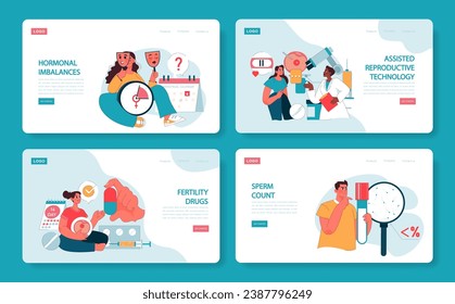 Reproductive health web or landing set. Couples facing conception challenge. Infertility common causes and treatment with in assisted reproductive technology or vitro fertilization. Flat vector