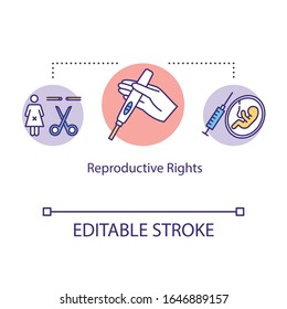 Reproductive rights concept icon. Abortion, birth control, female sterilization. Positive pregnancy test thin line illustration. Vector isolated outline RGB color drawing. Editable stroke