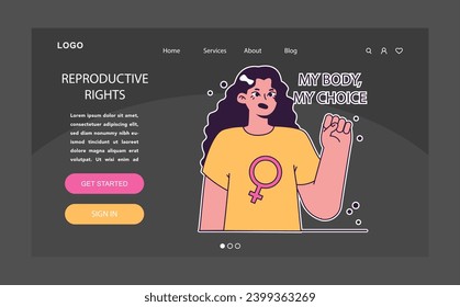 Reproductive rights dark or night mode web, landing. Empowered resolute woman heralds the importance of reproductive rights voicing My Body, My Choice. Bodily autonomy. Flat vector illustration.