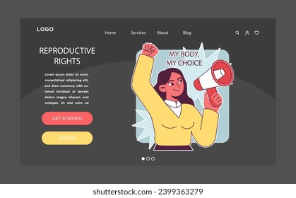 Reproductive rights web or landing. Empowered resolute woman heralds the importance of reproductive rights with a megaphone, voicing My Body, My Choice. Bodily autonomy. Flat vector illustration.