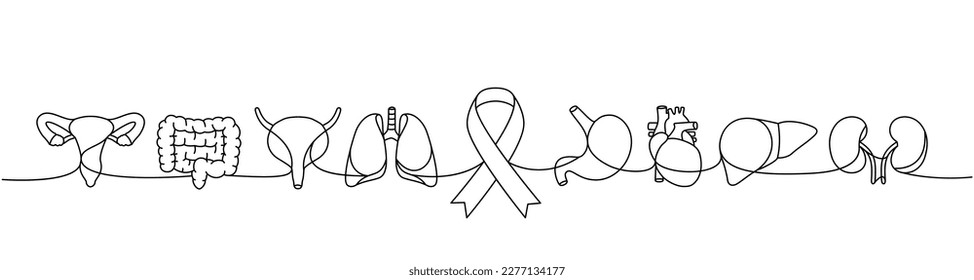 Reproductive system, intestines, bladder, lungs, stomach, heart, liver, kidneys one line illustration. Cancer ribbon, AIDS ribbon one line symbols.