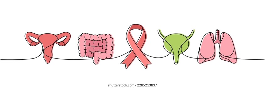 Reproductive system, intestines, bladder, lungs one line colored continuous drawing. Cancer awareness ribbon continuous one line colorful illustration