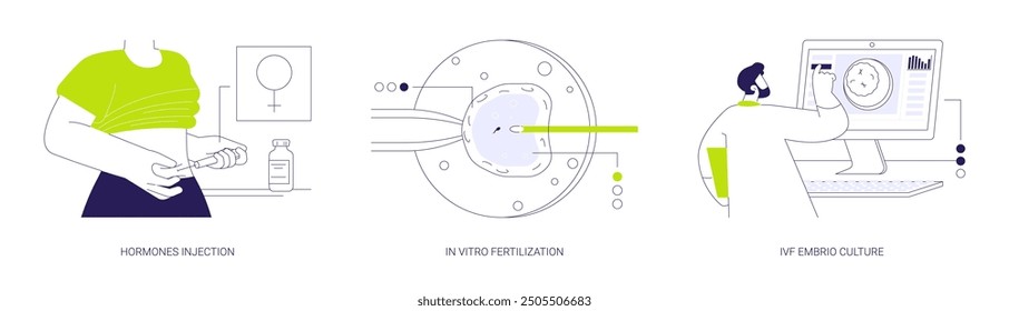 Reproductive technologies abstract concept vector illustration set. Hormones injection, in vitro fertilization, IVF embrio culture in laboratory, reproductive medicine, infertility abstract metaphor.