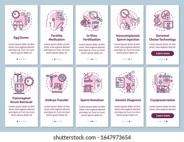 Reproductive technology onboarding mobile app page screen with concepts. Alternative pregnancy walkthrough 5 steps graphic instructions. UI vector template with RGB color illustrations