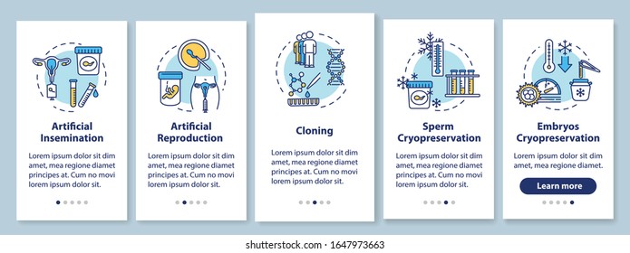 Reproductive technology onboarding mobile app page screen with concepts set. Artificial fertility walkthrough 5 steps graphic instructions. UI vector template with RGB color illustrations