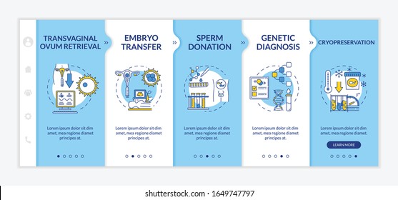 Reproductive technology onboarding vector template. Transvaginal ovum retrieval. Cryopreservation. Responsive mobile website with icons. Webpage walkthrough step screens. RGB color concept