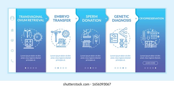 Reproductive technology onboarding vector template. Hormone therapy. Genetic diagnosis. Embryo transfer. Responsive mobile website with icons. Webpage walkthrough step screens. RGB color concept