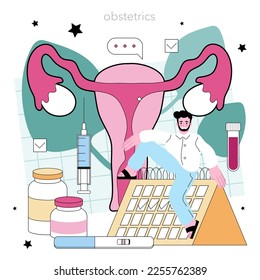 Reproductology and obstetrics concept. Human reproductive health, biological material research. Pregnancy monitoring and medical diagnosis. Flat vector illustration