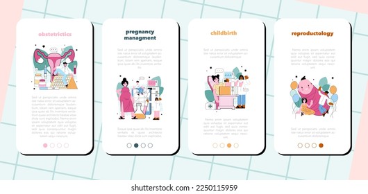 Reproductology and obstetrics mobile application banner set. Human reproductive health, biological material research. Pregnancy monitoring and medical diagnosis. Flat vector illustration