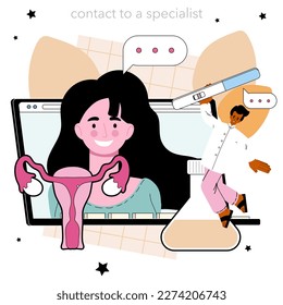 Reproductology and obstetrics online service or platform. Human reproductive health and pregnancy monitoring. Contacts. Flat vector illustration