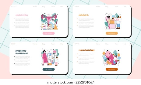 Reproductology and obstetrics web banner or landing page set. Human reproductive health, biological material research. Pregnancy monitoring and medical diagnosis. Flat vector illustration