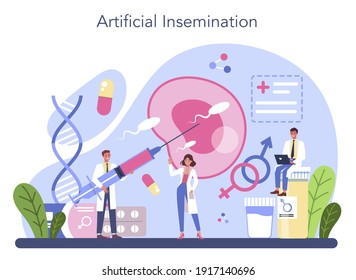 Reproductology And Reproductive Health. Human Fertility, Biological Material Research. Pregnancy Monitoring And Artificial Insemination. Isolated Illustration In Cartoon Style