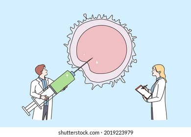 Reproductology and reproductive system health concept. Two doctors man and woman holding syringe and trying to reach out make artificial insemination vector illustration 