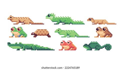 Reptile, amphibian pixel art set. Lizard, frog and crocodile collection. 8 bit. Game development, mobile app.  Isolated vector illustration.